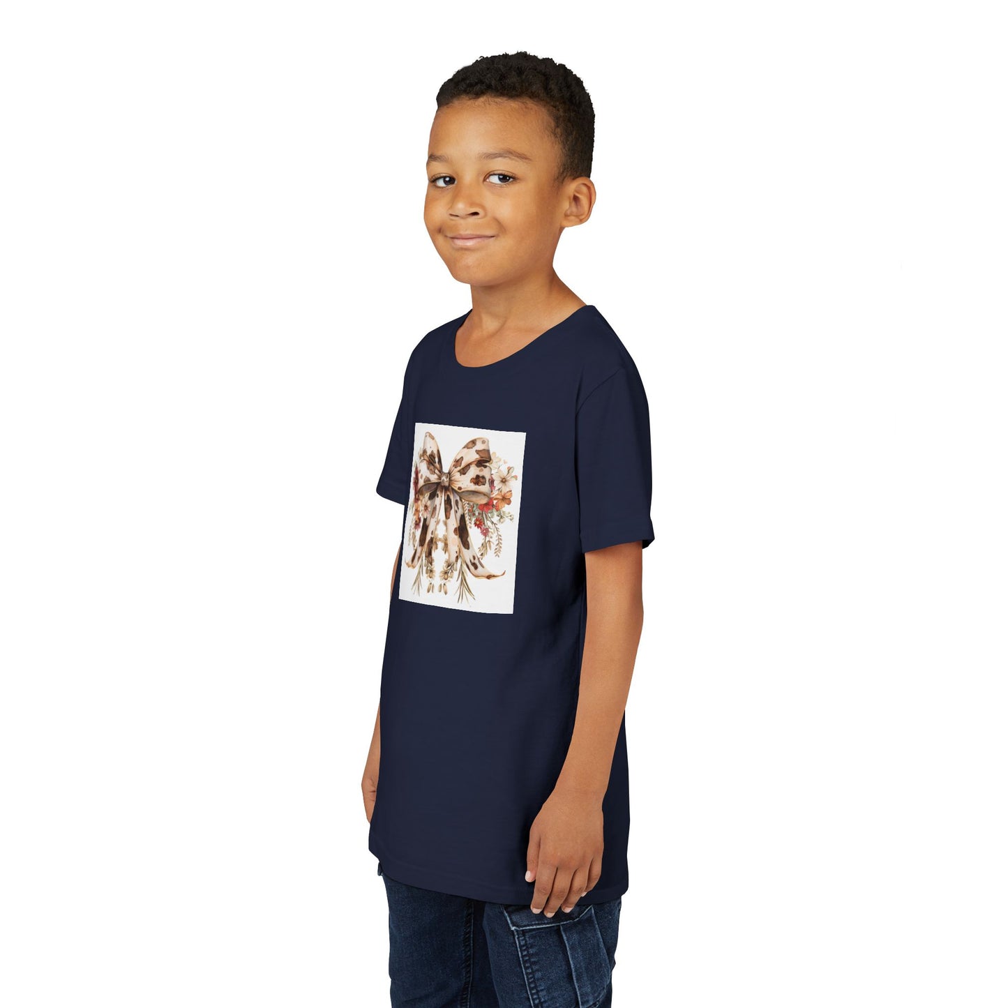 Youth Short Sleeve Tee - Western Floral Bow with Cow Pattern Aesthetic - Cute & Stylish Kids T-Shirt