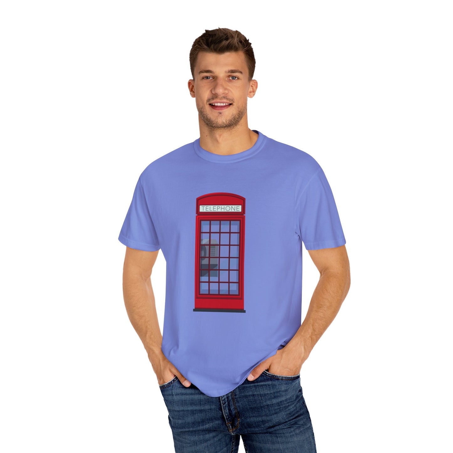 Iconic British Public Telephone - Classic Red Phone Box Soft-touch Unisex Garment-Dyed T-shirt