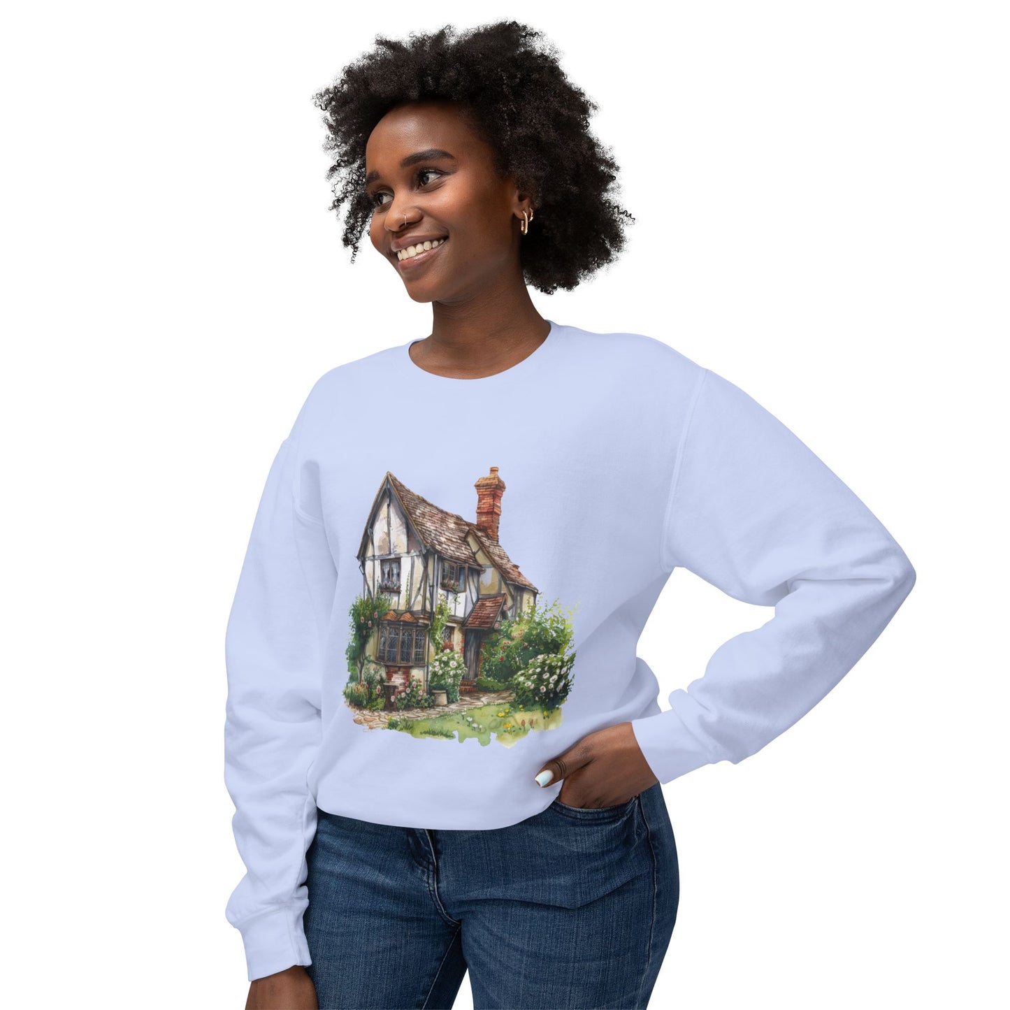 Unisex Lightweight Crewneck Sweatshirt - Charming and Cozy Life in a British Village House
