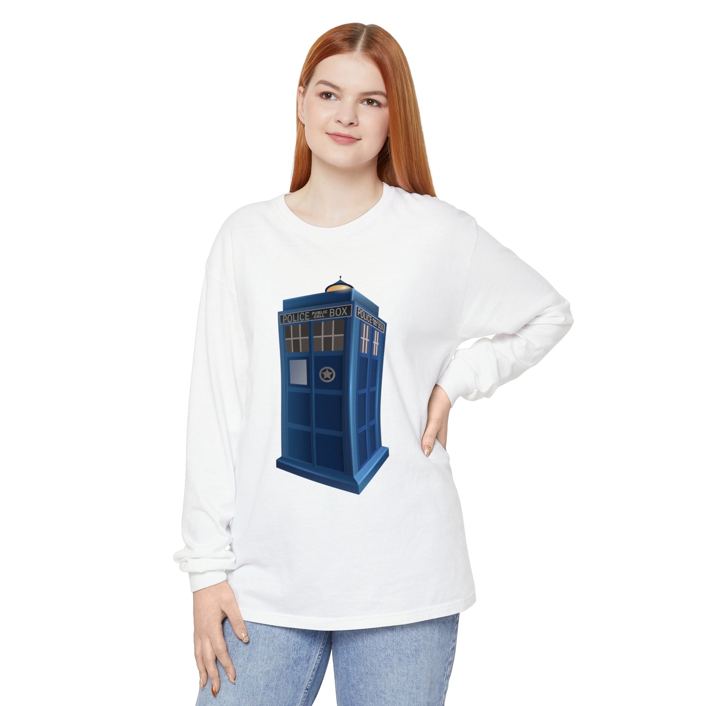 Unisex Garment-dyed Long Sleeve T-Shirt - British Police Public Call Box - Iconic TARDIS Design