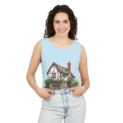 Unisex Garment-Dyed Tank Top - Charming English Cottage Illustration Print