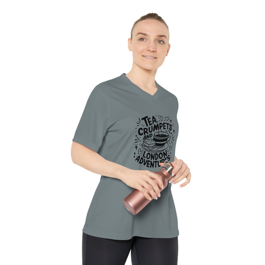 Women's Performance V-Neck T-Shirt - Tea crumpets  and London adventures