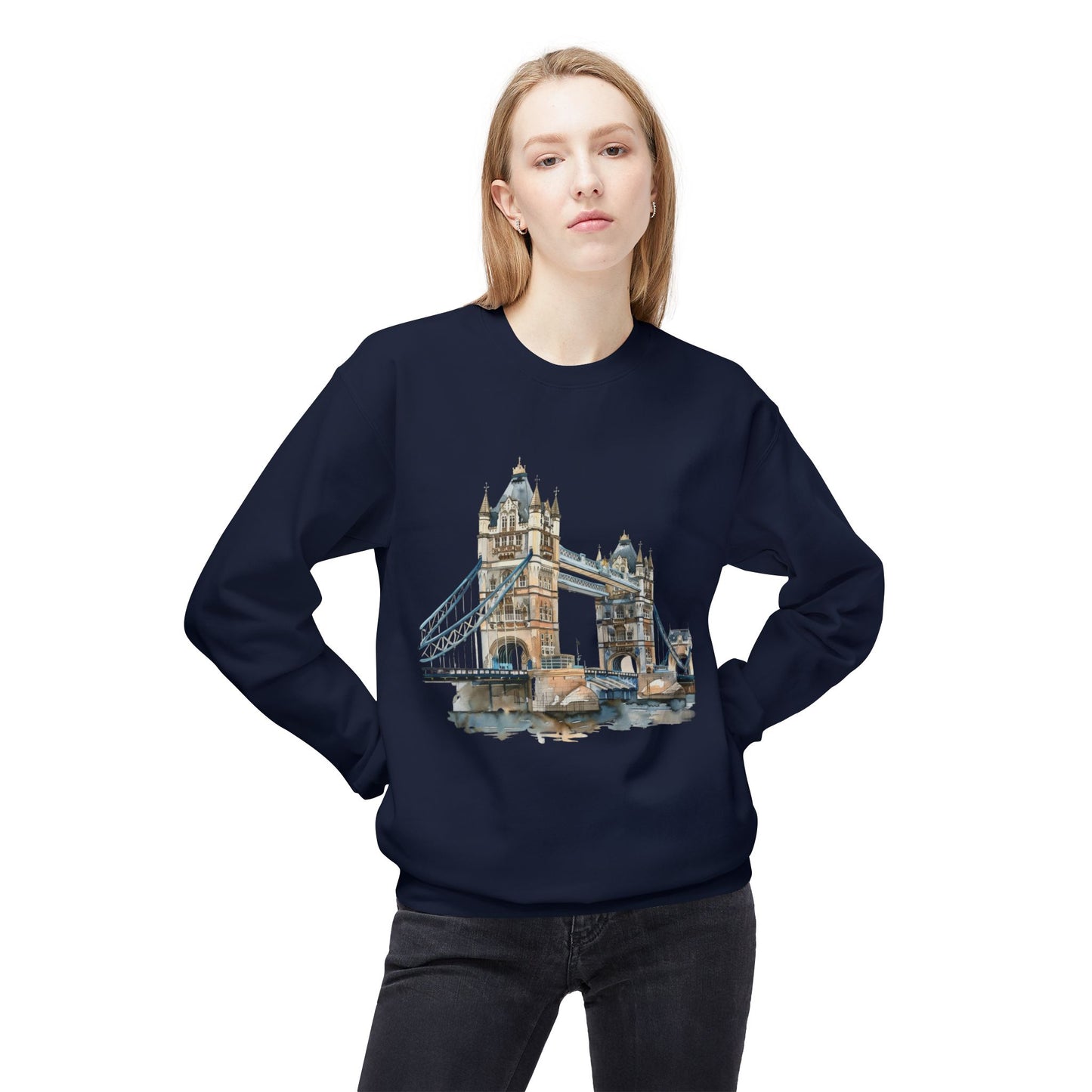 Unisex Midweight Softstyle Fleece Crewneck Sweatshirt - London Bridge - Iconic Landmark and Historical Beauty