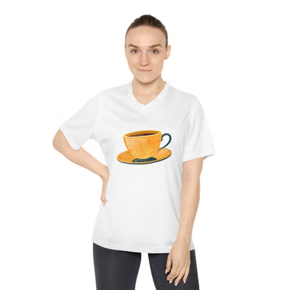 Women's Performance V-Neck T-Shirt - Perfect for Active Days - Coffee Lover - Elegant British Tea Cup - Classic Tea Time Style