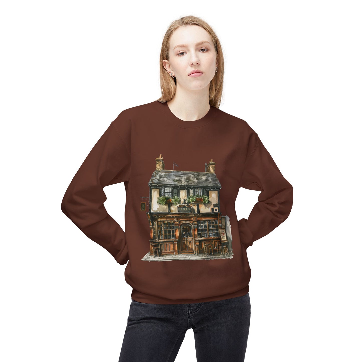 Unisex Midweight Softstyle Fleece Crewneck Sweatshirt -Countryside Charm - The Classic British Village House