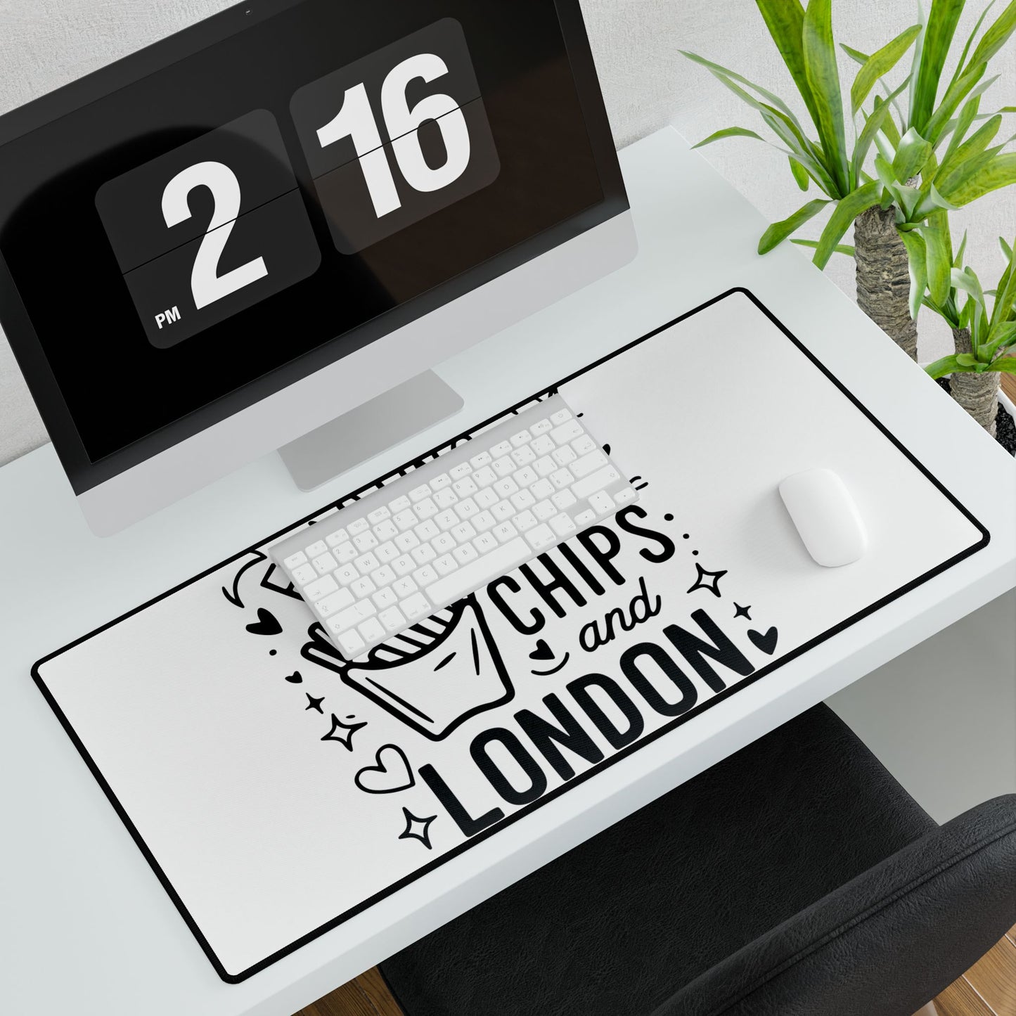 London-Themed Desk Mat - 'Feasting on Fish, Chips, and London' - Fun Office Decor, Gift for Food Lovers, Computer Accessories