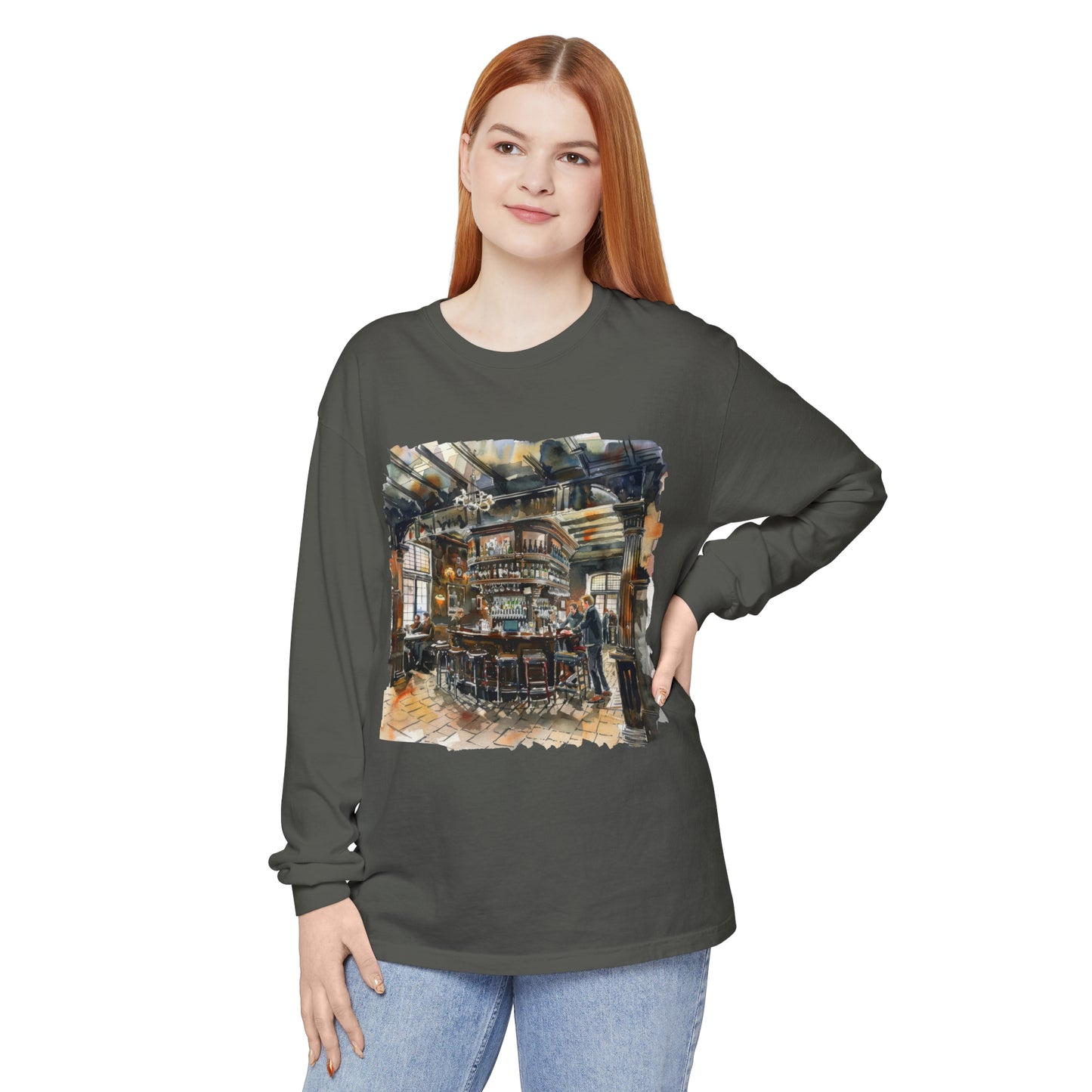 Unisex Garment-dyed Long Sleeve T-Shirt - The Cozy British Pub