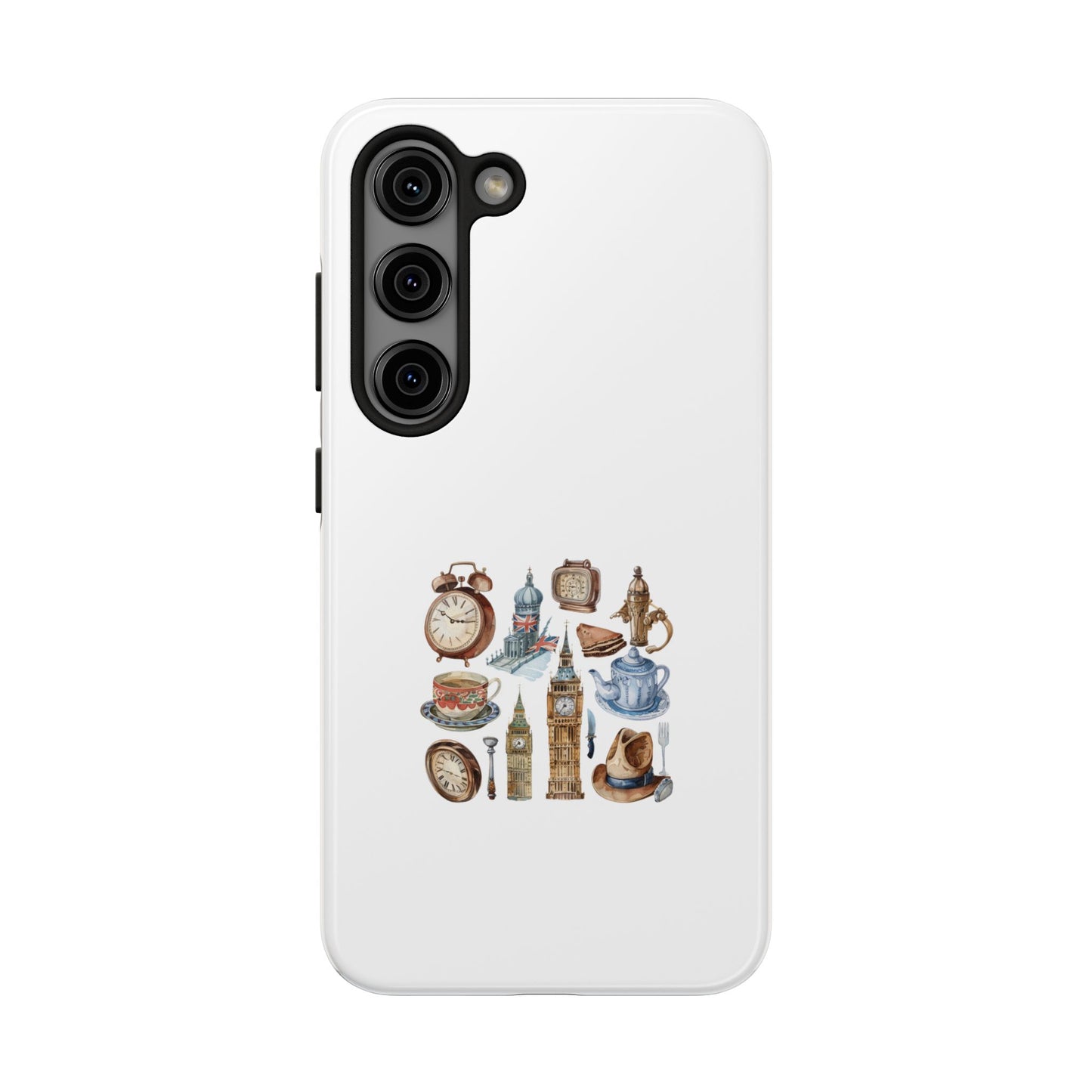 London-Themed Tough Phone Case | Vintage Clock & Tea Design