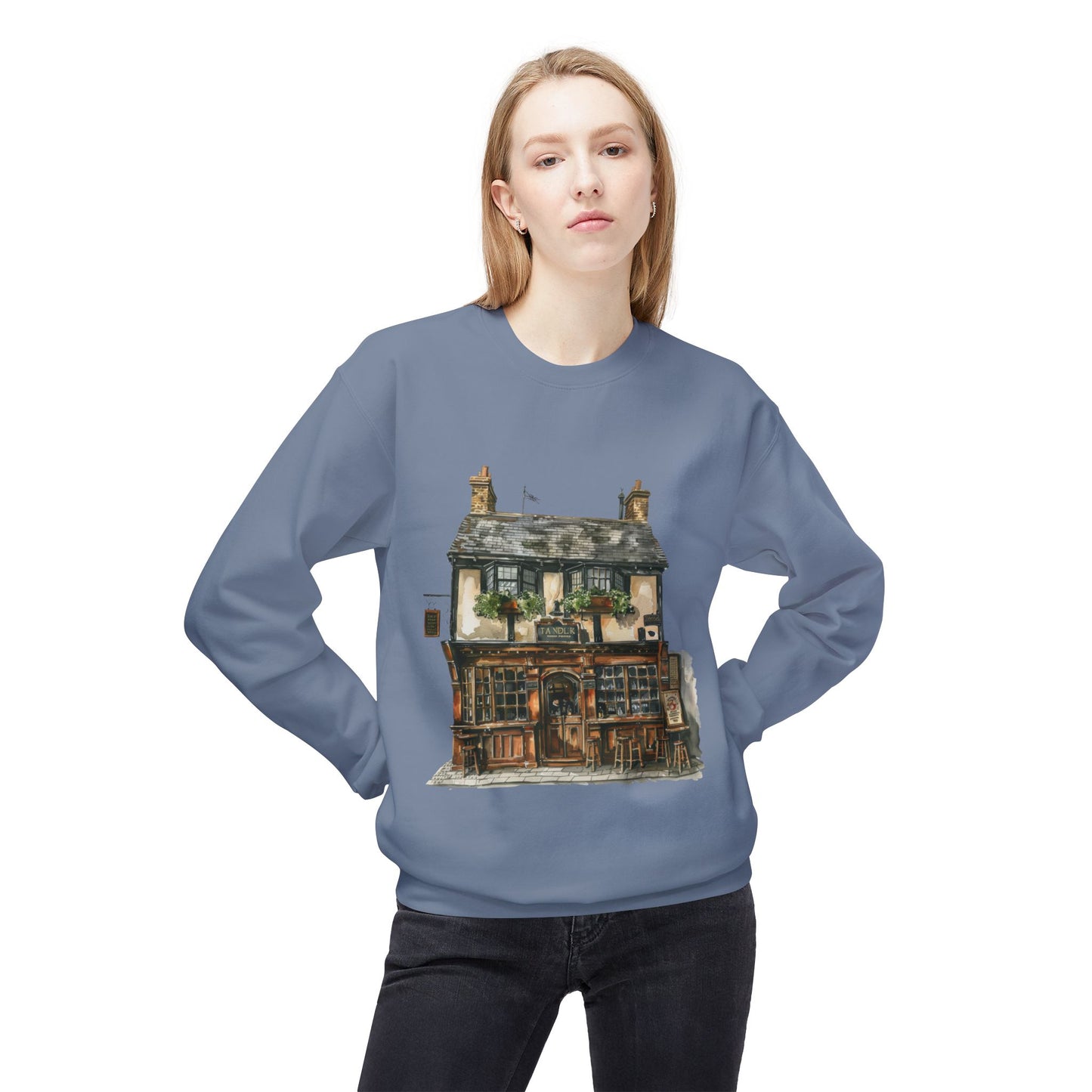 Unisex Midweight Softstyle Fleece Crewneck Sweatshirt -Countryside Charm - The Classic British Village House