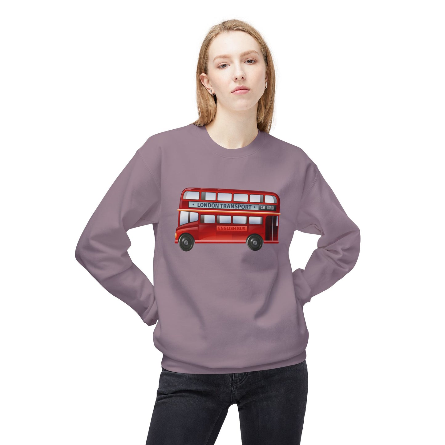 Unisex Midweight Softstyle Fleece Crewneck Sweatshirt - Iconic London Transport English Bus