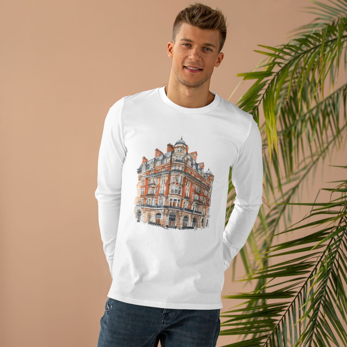 Men’s Base Longsleeve Tee - British Vintage Building - Architectural Charm and Classic Appeal