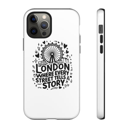 London Story Phone Case, Tough iPhone Cover, Gift for Travelers, London Souvenir, Black Typography Design