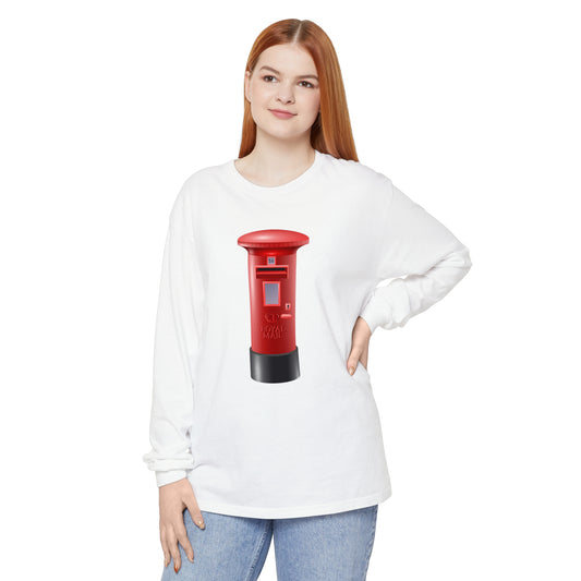 Unisex Garment-dyed Long Sleeve T-Shirt - Classic UK Royal Mailbox Design - British Postbox Icon