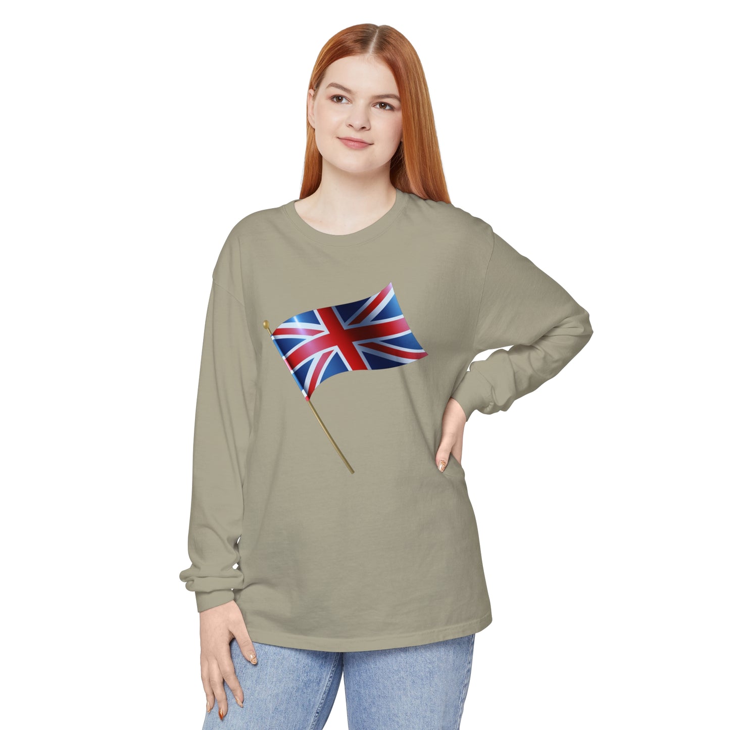 Unisex Garment-dyed Long Sleeve T-Shirt - Classic UK Flag Design - Union Jack Symbol