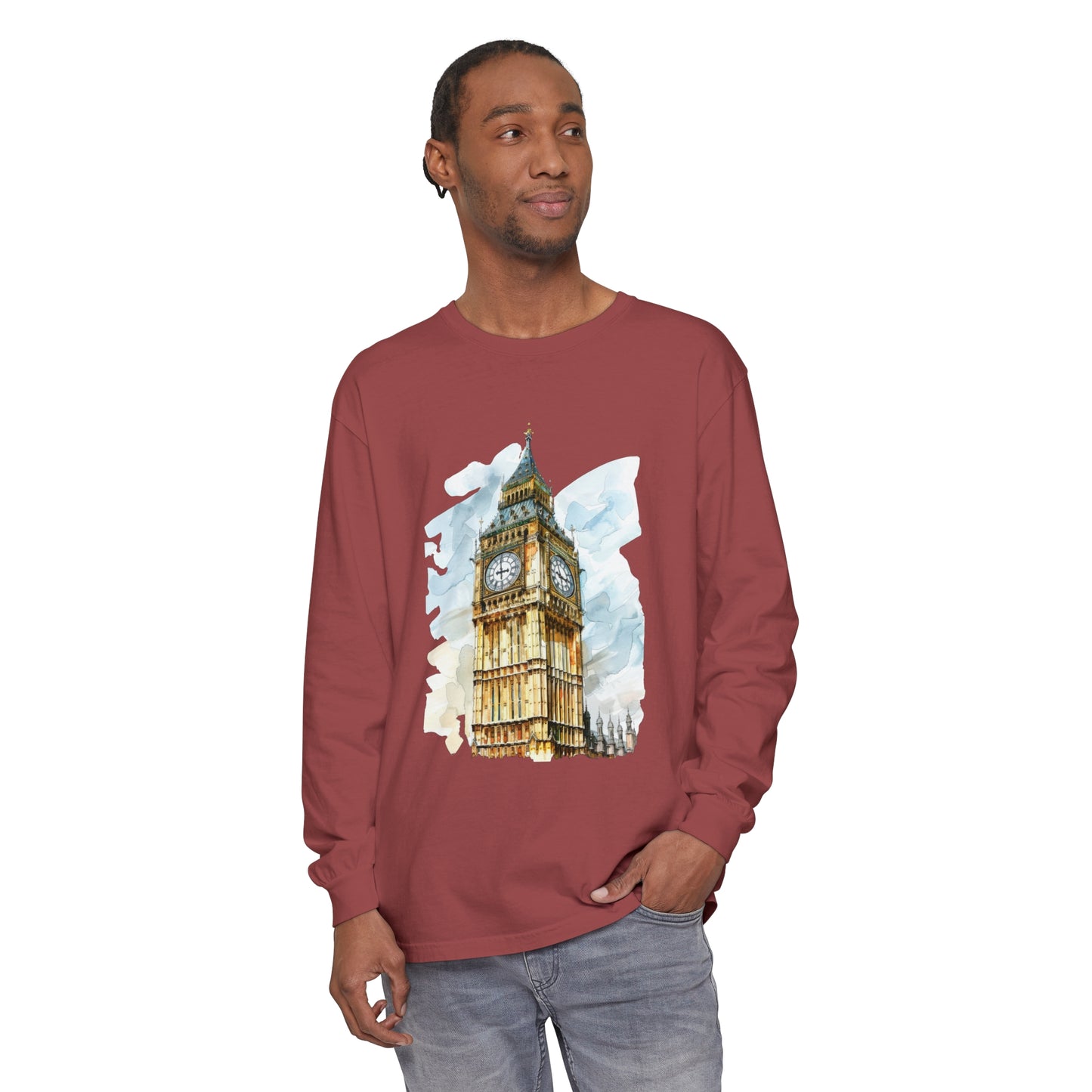 Unisex Garment-dyed Long Sleeve T-Shirt - London Clock Tower - Iconic Big Ben and Timeless Architecture