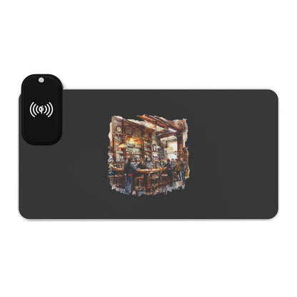 Rustic British Pub Interior – Cozy Charm - LED Gaming Mouse Pad with Wireless Charging, LED Desk Accessory for Gamers, Rechargeable Mouse Pad for Comfort, Office Decor, Gamer Gift