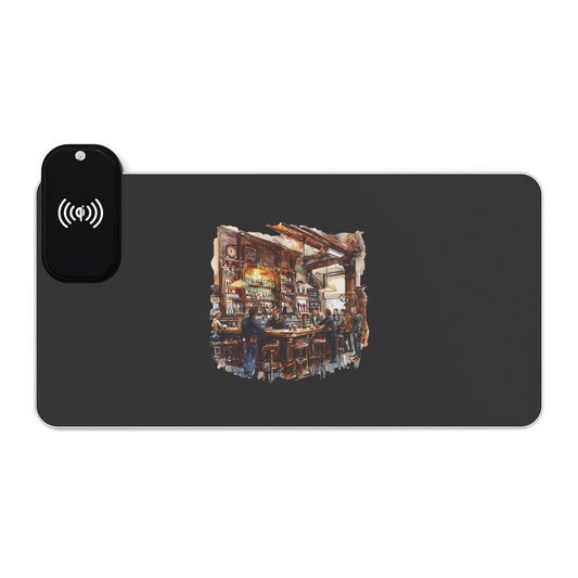Rustic British Pub Interior – Cozy Charm - LED Gaming Mouse Pad with Wireless Charging, LED Desk Accessory for Gamers, Rechargeable Mouse Pad for Comfort, Office Decor, Gamer Gift