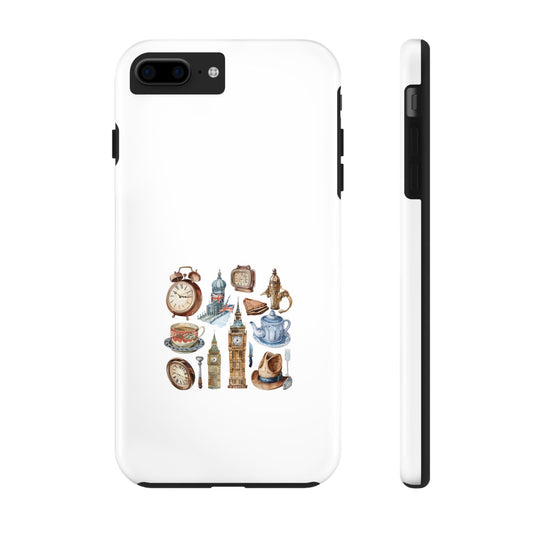 London-Themed Tough Phone Case | Vintage Clock & Tea Design