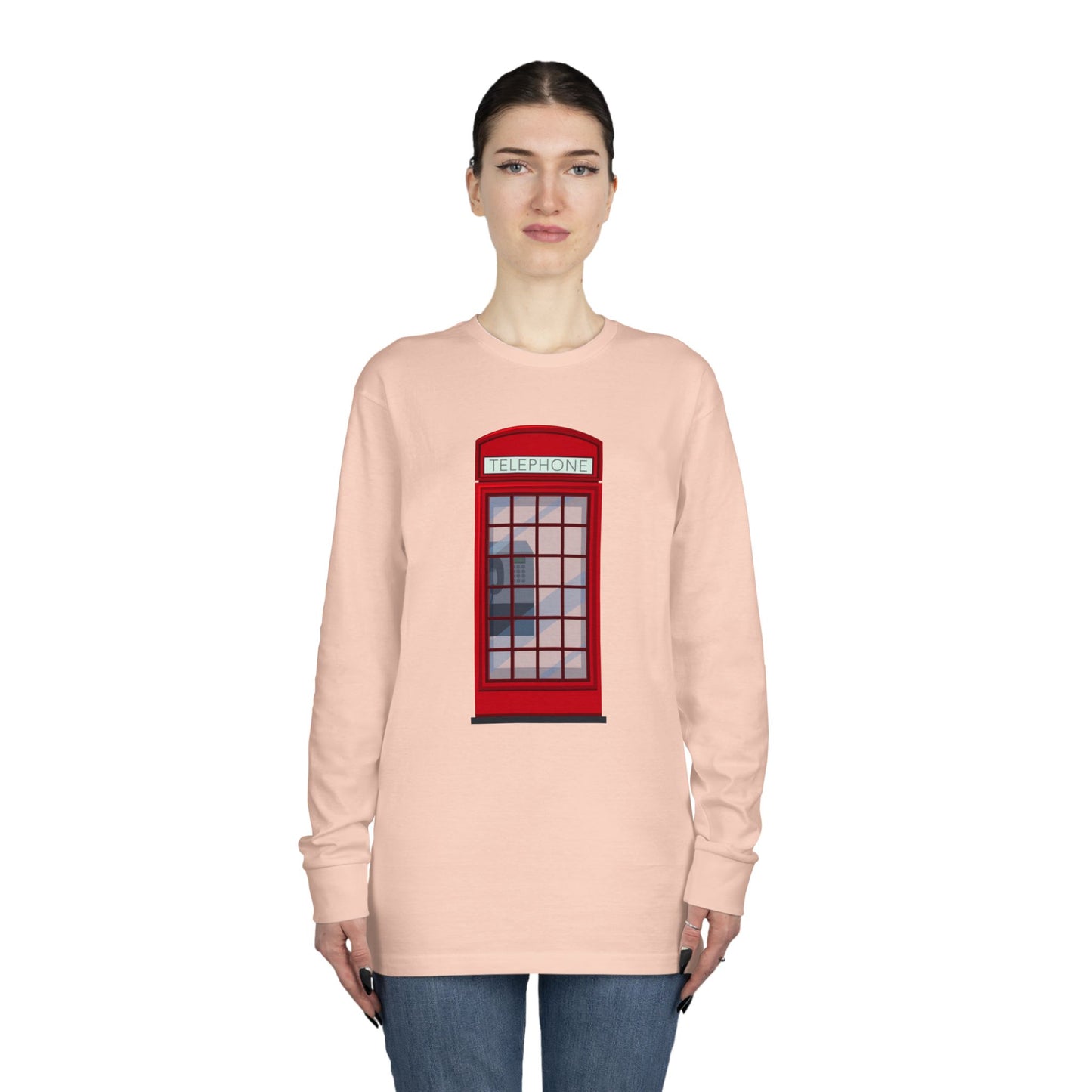 Long Sleeve Crewneck Tee - Iconic British Public Telephone - Classic Red Phone Box Design