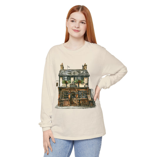 Unisex Garment-dyed Long Sleeve T-Shirt - British Historic House - Classic Architectural Elegance
