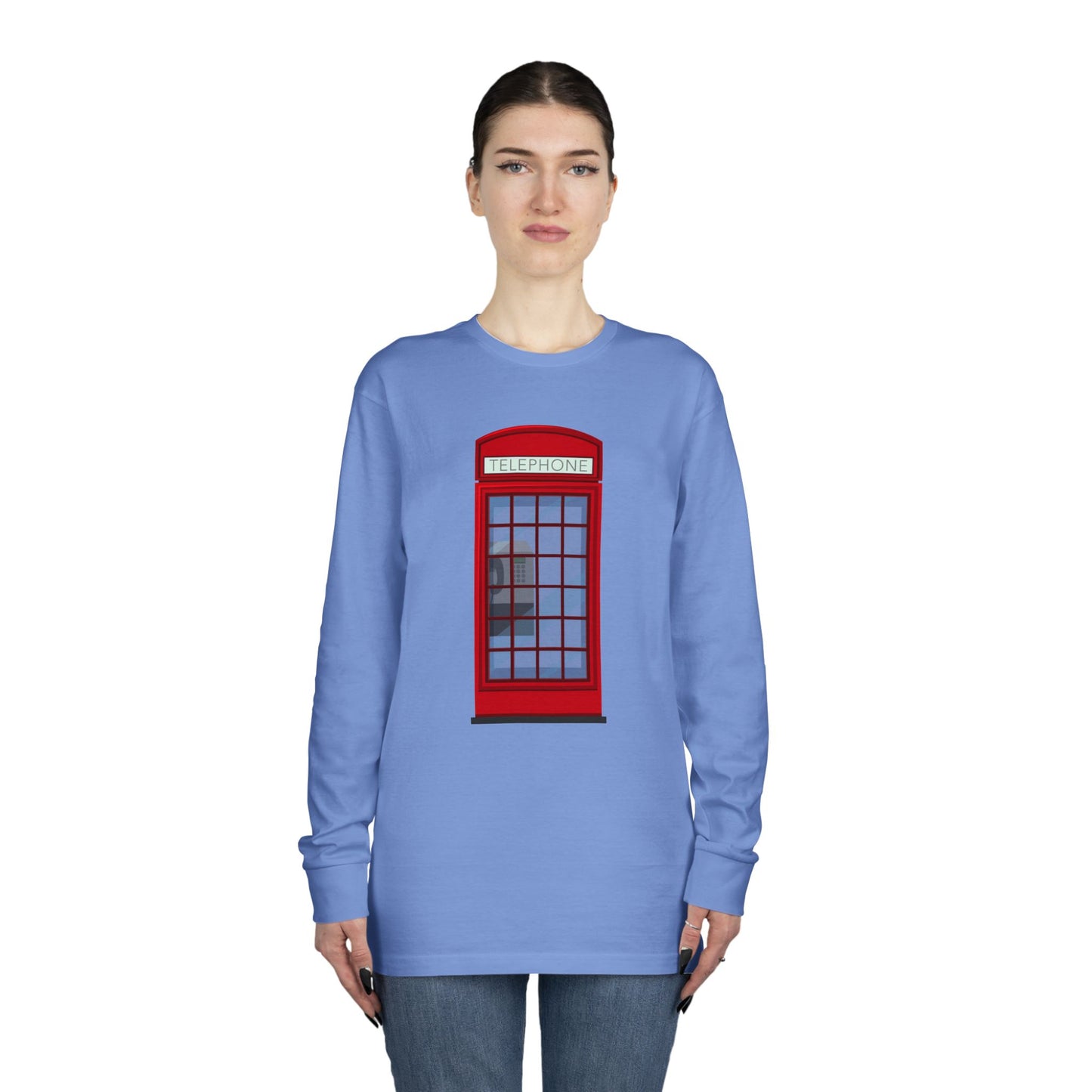 Long Sleeve Crewneck Tee - Iconic British Public Telephone - Classic Red Phone Box Design