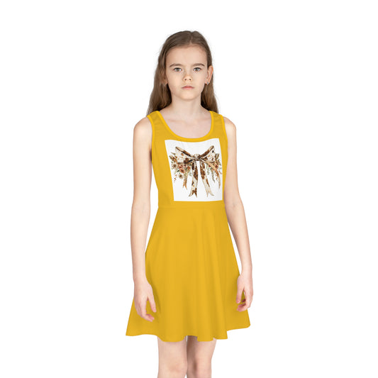 Girls' Sleeveless Sundress - Farmhouse Floral Bow with Cow Print Design