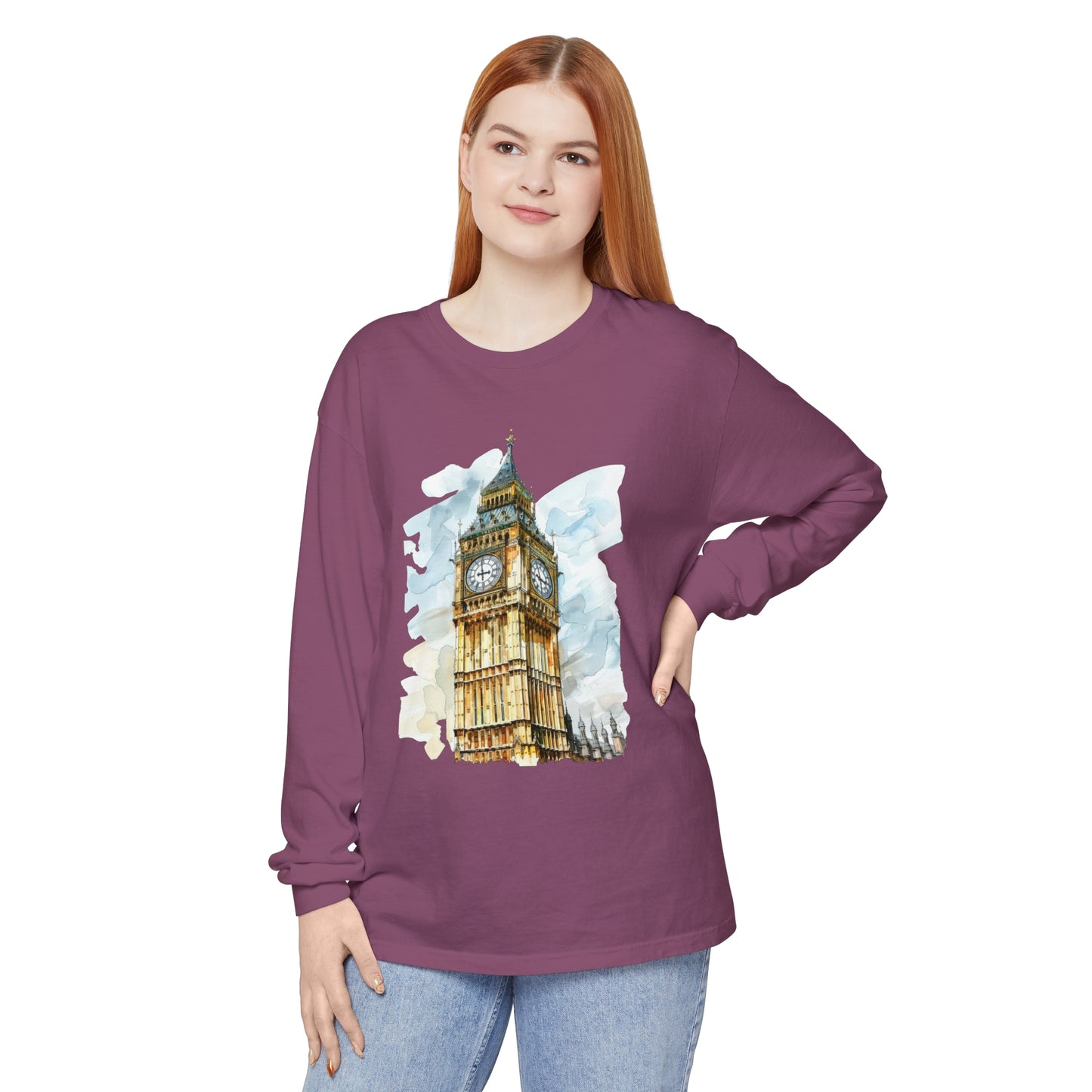 Unisex Garment-dyed Long Sleeve T-Shirt - Iconic Big Ben Clock Tower Design - London Landmark