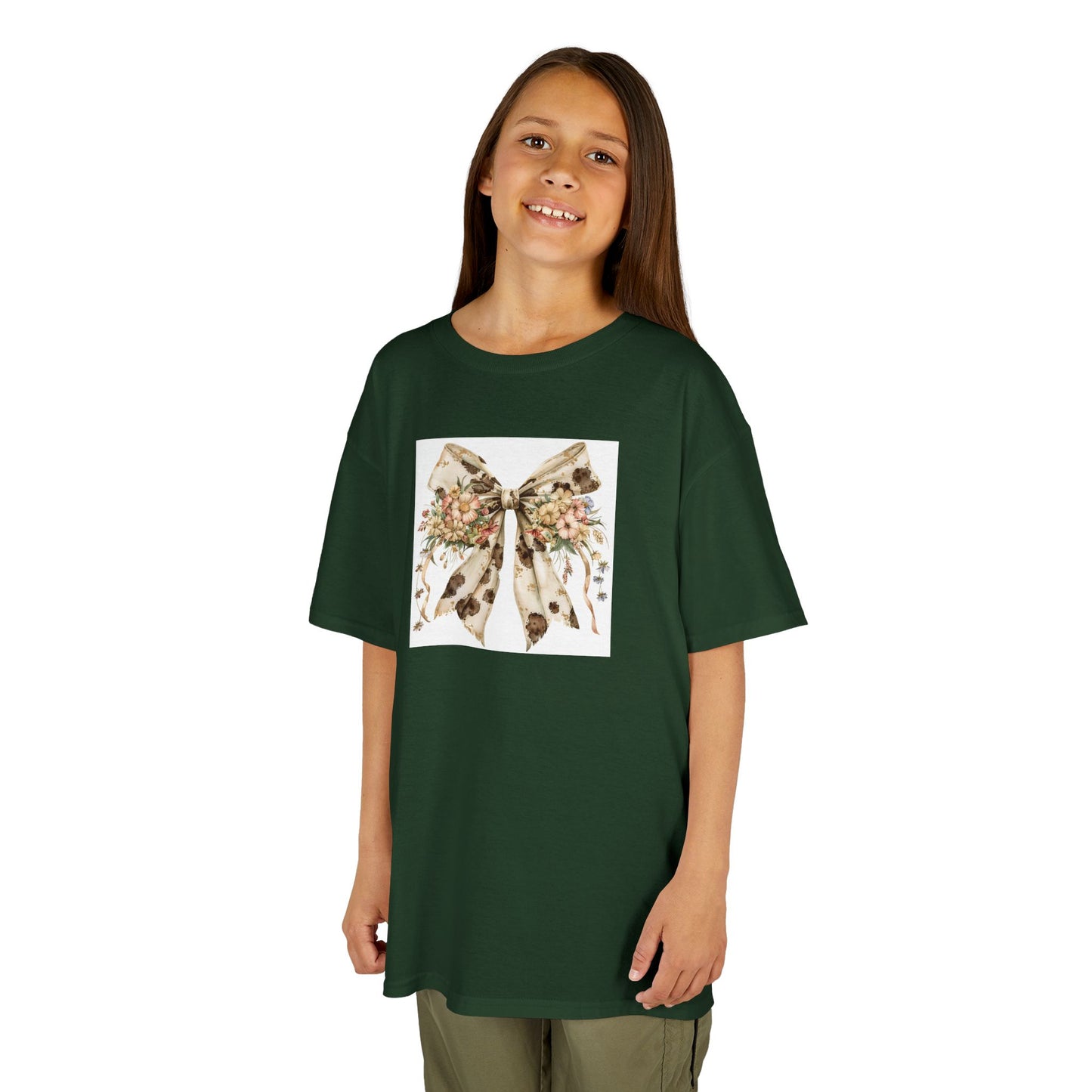 Kids Heavy Cotton™ Tee - Elegant Cowhide Ribbon Bow with Wildflower Bouquet - Perfect for Birthdays and Everyday Fun