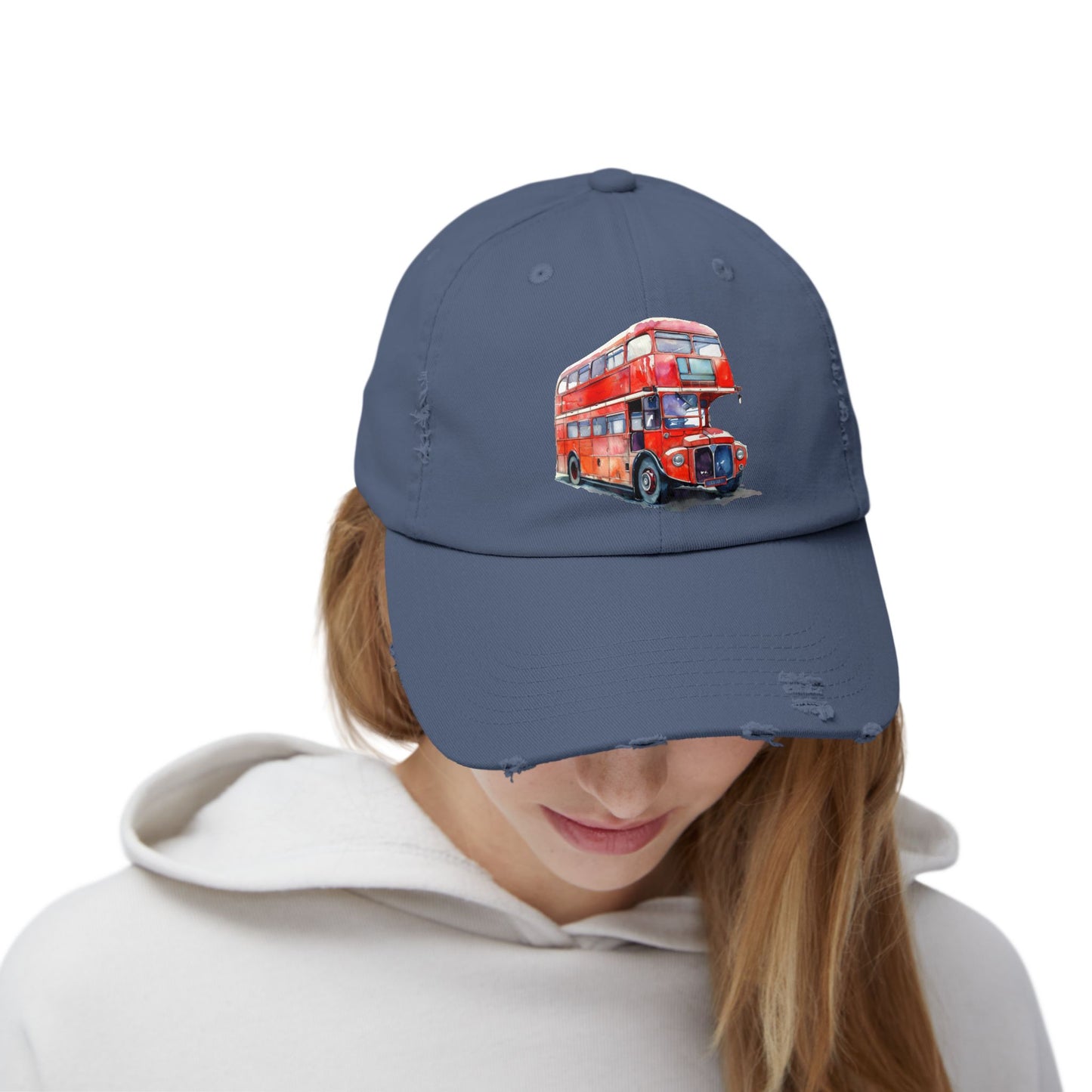 Unisex Distressed Cap with Vintage Red Bus Design, Great for Travel Lovers, Casual Wear, Gift for Friends, Birthday Cap, Summer Fashion