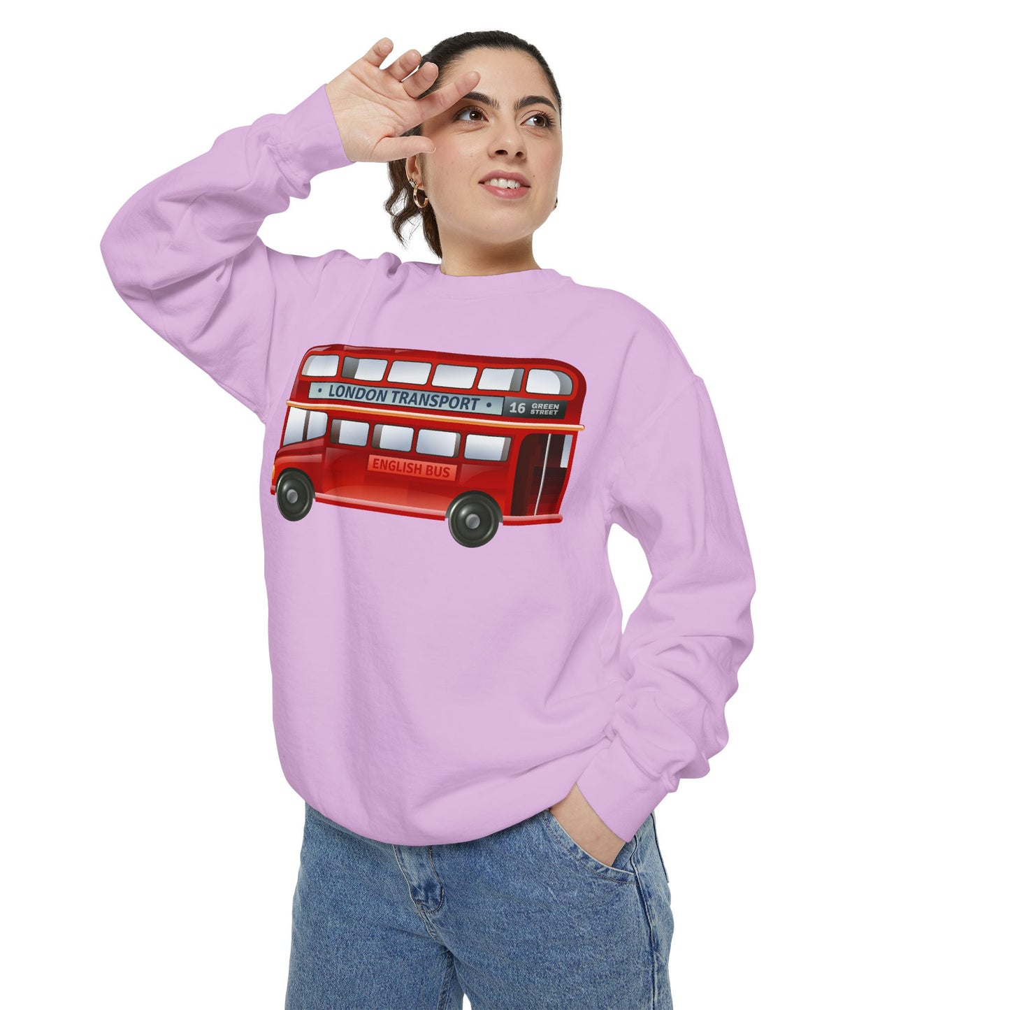 Unisex Garment-Dyed Sweatshirt - City on Wheels - The Classic British Red Bus