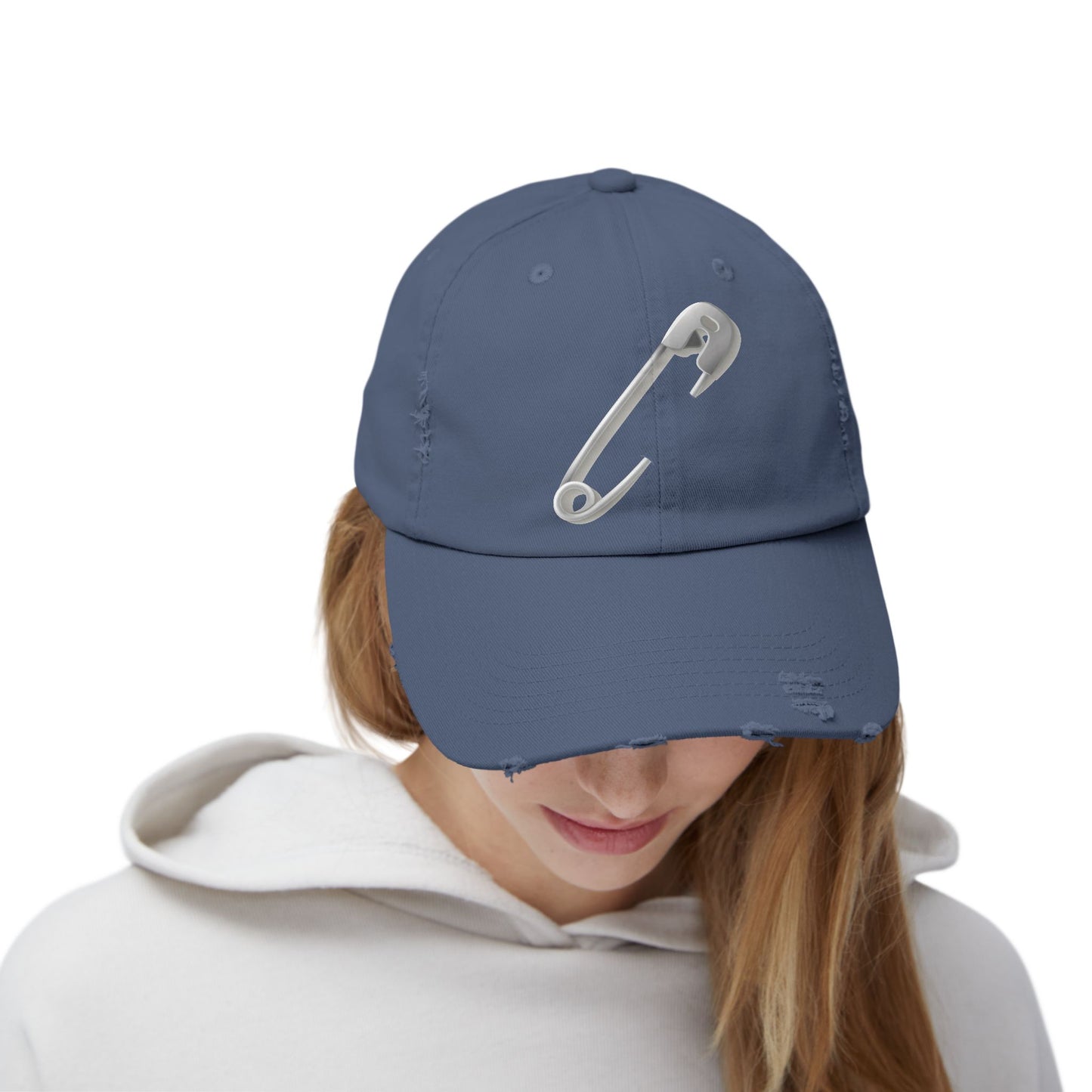 Safety Pin Distressed Cap, Casual Summer Hat, Trendy Unisex Cap, Gift for Friends, Vintage Style Cap, Everyday Wear Hat