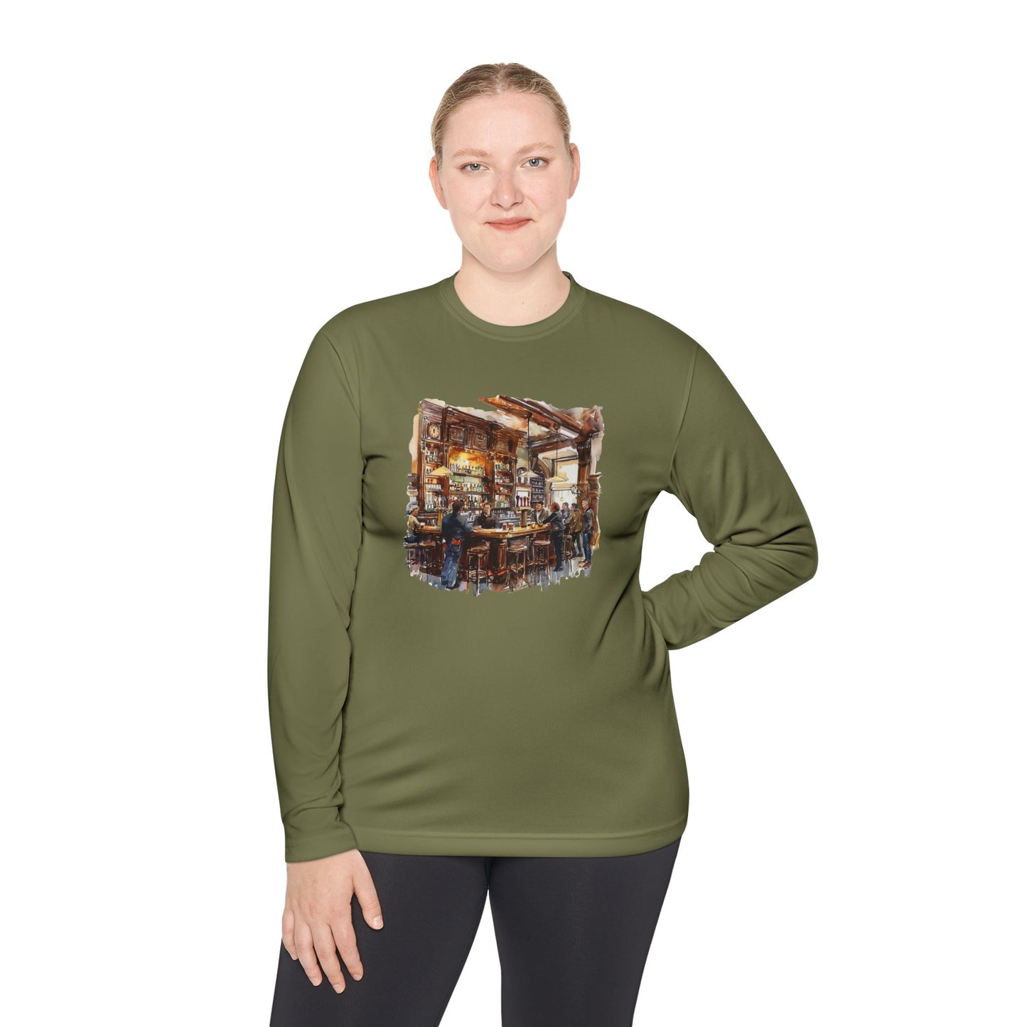 Unisex Lightweight Long Sleeve Tee - Hand-Painted Bar Scene Wall Art