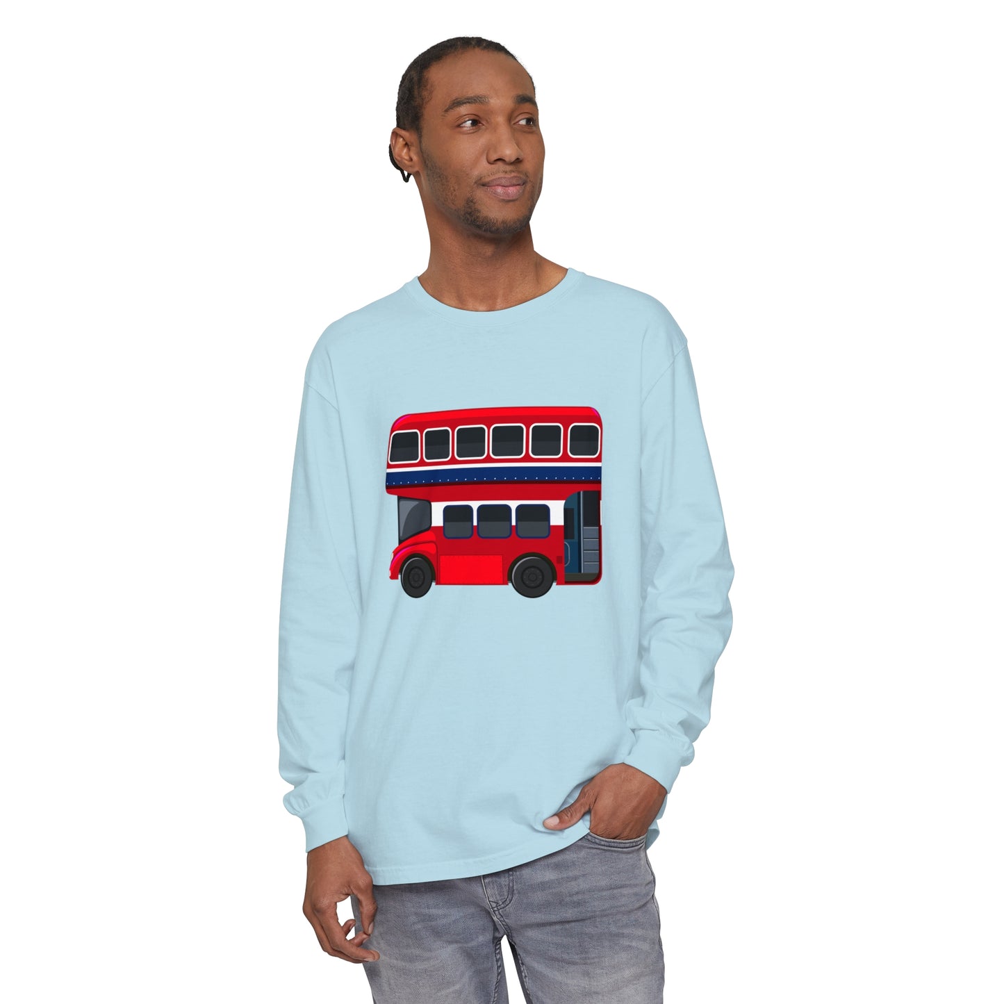 Unisex Garment-dyed Long Sleeve T-Shirt -  London Transport English Bus - Iconic Red Double-Decker