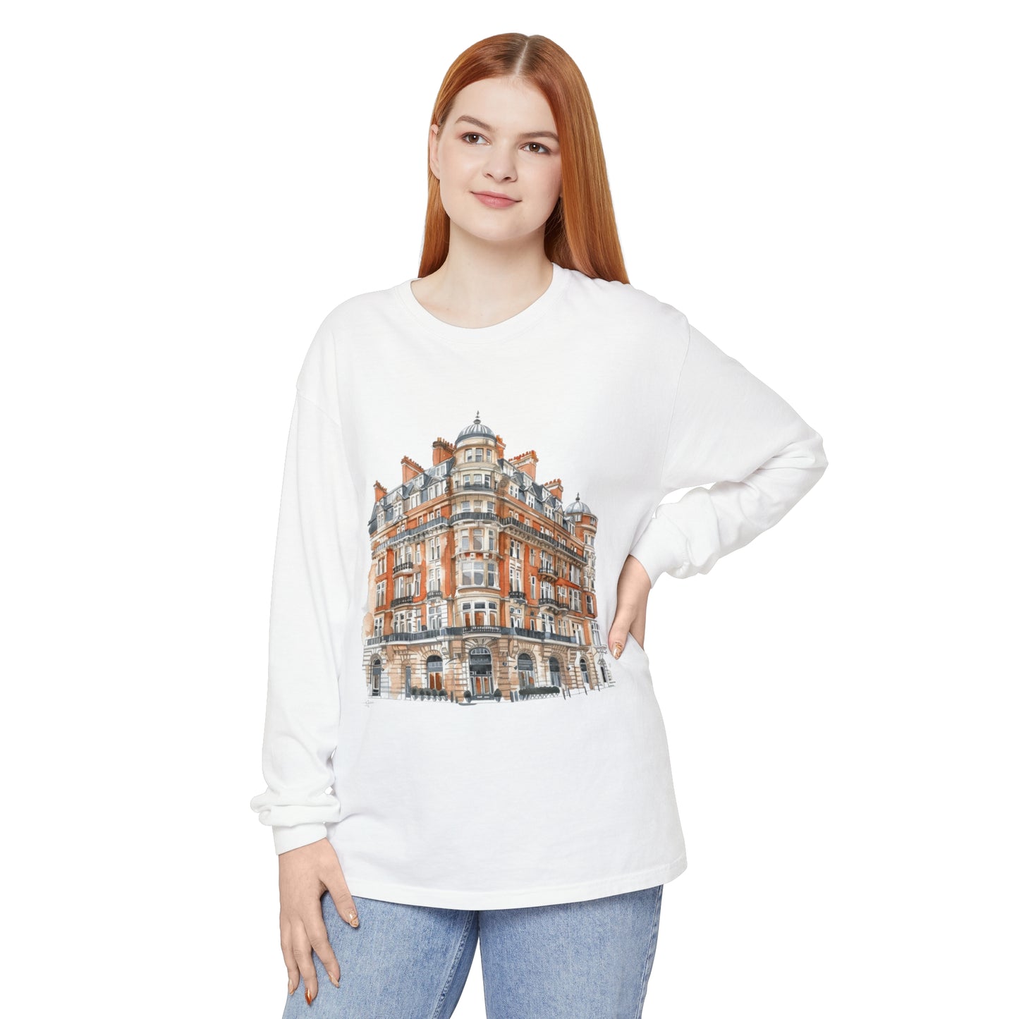 Unisex Garment-dyed Long Sleeve T-Shirt - Classic British Architecture - Elegant Historic Building