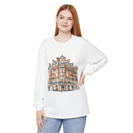 Unisex Garment-dyed Long Sleeve T-Shirt - Classic British Architecture - Elegant Historic Building