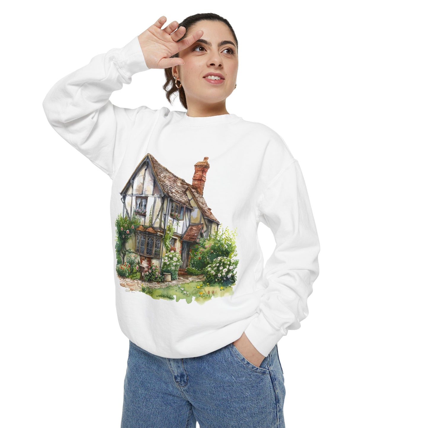Unisex Garment-Dyed Sweatshirt - Nestled in Nature - British Village House Elegance