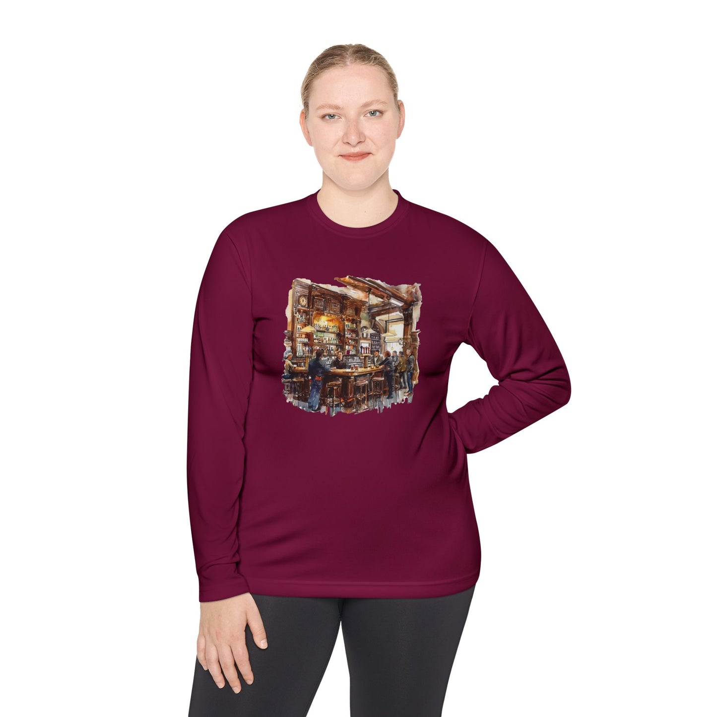 Unisex Lightweight Long Sleeve Tee - Hand-Painted Bar Scene Wall Art