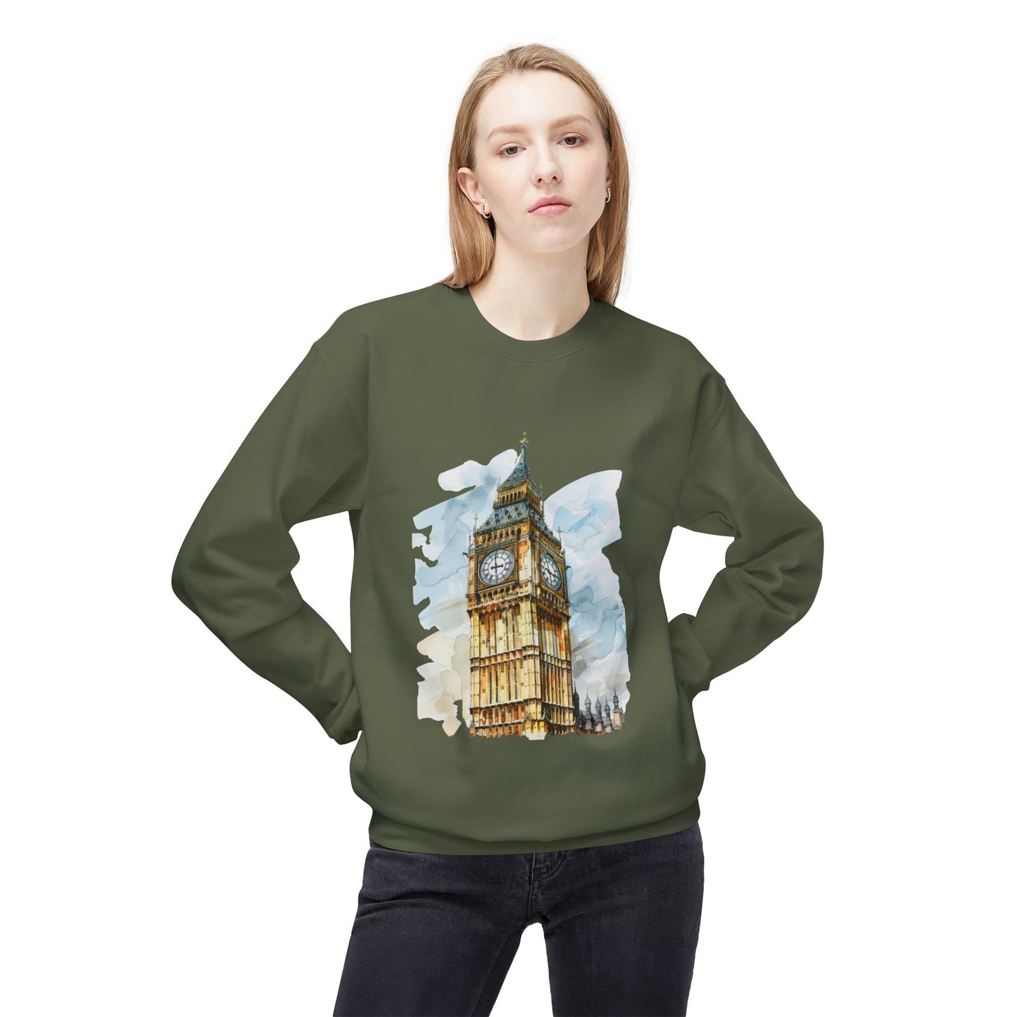 Unisex Midweight Softstyle Fleece Crewneck Sweatshirt - Towering Time - Big Ben and British Heritage