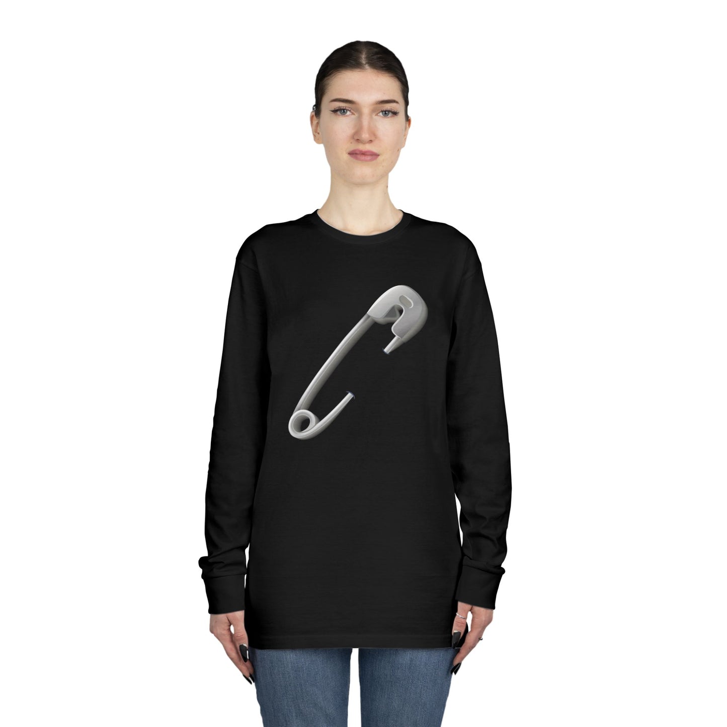 Long Sleeve Crewneck Tee - Minimalist Safety Pin Design