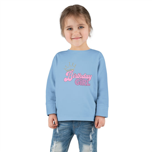 Birthday Girl Toddler Long Sleeve Tee - Cute Blue Crown Design