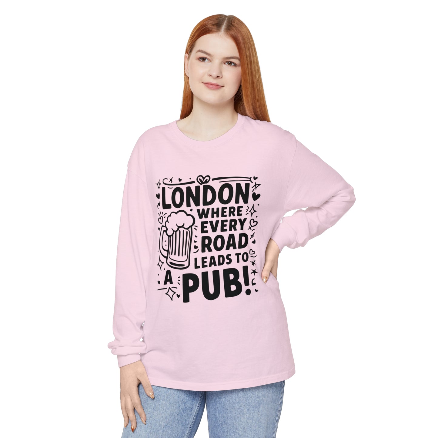 Unisex Garment-dyed Long Sleeve T-Shirt - London's Pub Leading Roads