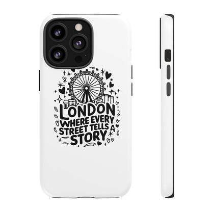 London Story Phone Case, Tough iPhone Cover, Gift for Travelers, London Souvenir, Black Typography Design