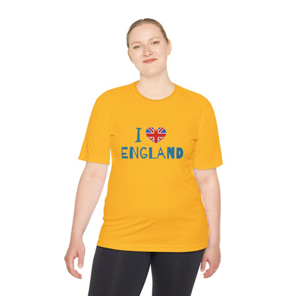 Unisex Moisture Wicking Tee - I Love England - Union Jack Heart Design