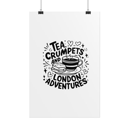 London Adventure Tea Crumpet Rolled Poster, Cute Wall Art, Gift for Tea Lovers, Home Decor, Travel Enthusiasts