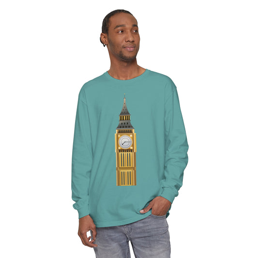 Unisex Garment-dyed Long Sleeve T-Shirt - Iconic Big Ben Clock Tower Design