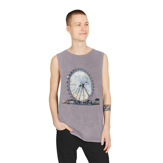 Unisex Stonewash Tank Top - London Eye - Iconic Ferris Wheel Watercolor