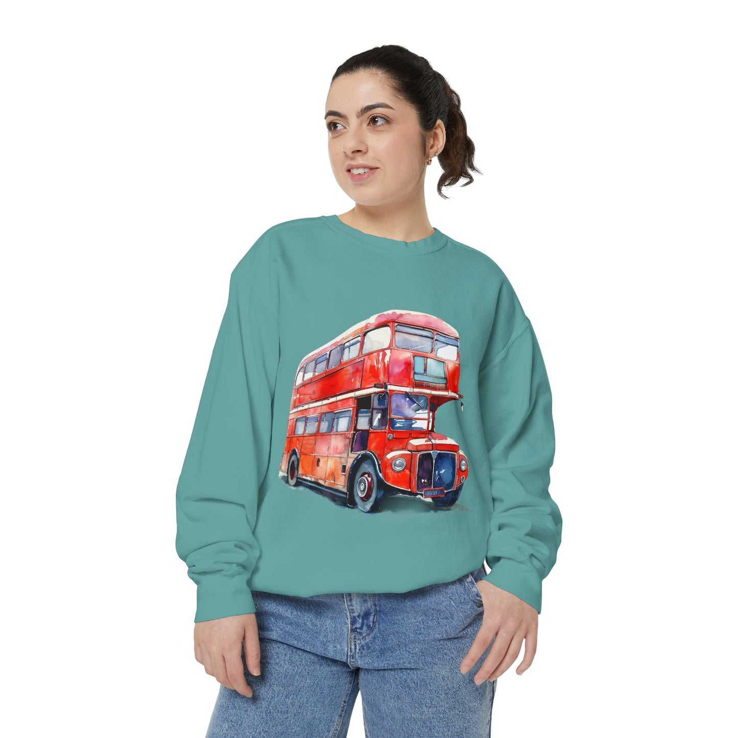Unisex Garment-Dyed Sweatshirt - Timeless Transit - The Iconic Red Bus of Britain