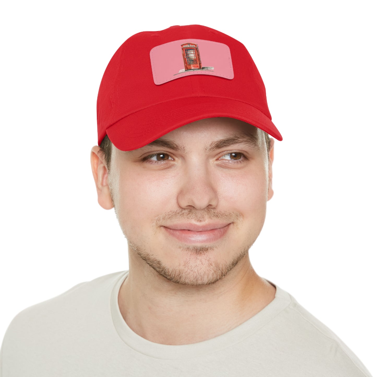 Red Phone Booth Dad Hat with Leather Patch (Rectangle)