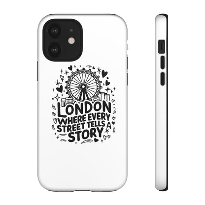 London Story Phone Case, Tough iPhone Cover, Gift for Travelers, London Souvenir, Black Typography Design