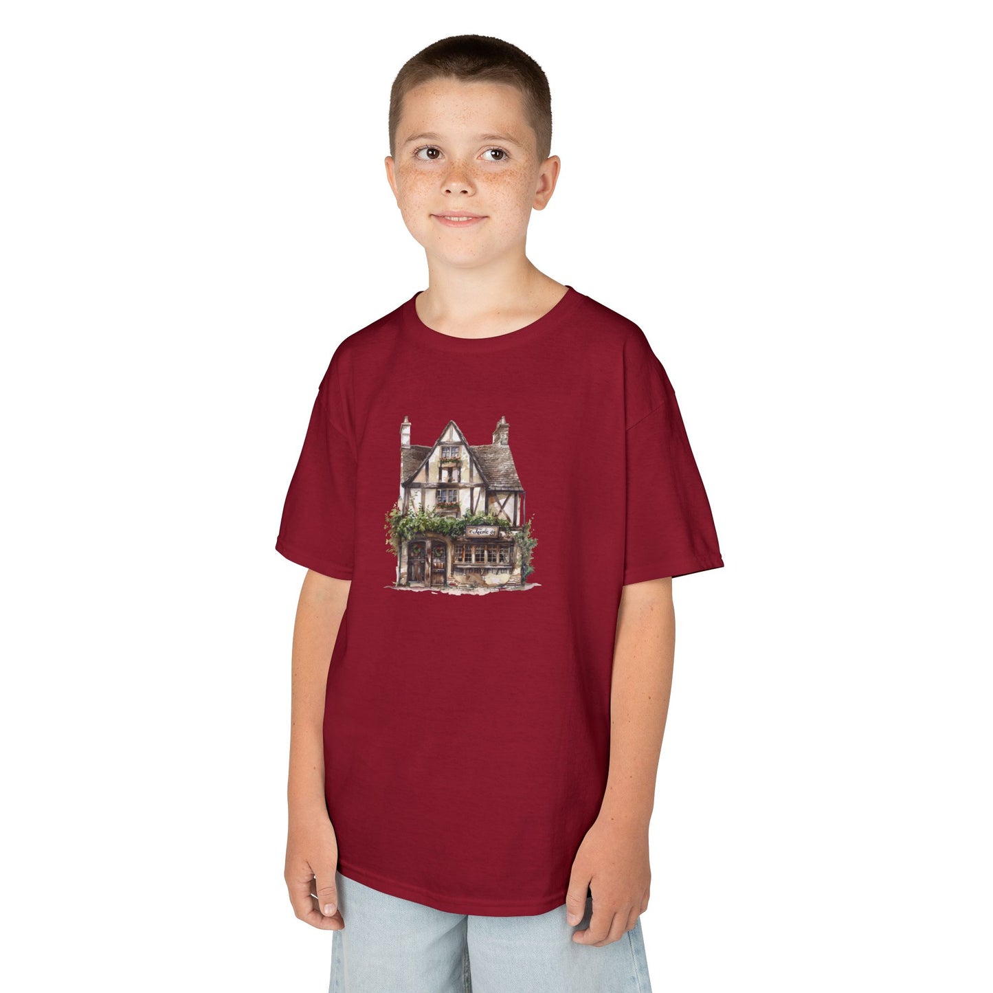 Kids Heavy Cotton Tee - Rustic Vintage England House Artwork - Perfect Gift for Young Dreamers